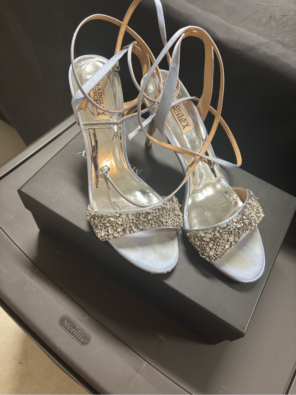 Badgley Mischka Silver Crystal-Strap Heel Sandals